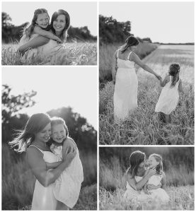 Black & white photo montage of mother and daughter smiling, walking and cuddling