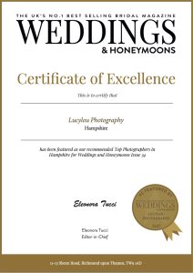 Lucylou Photography - Best Wedding Photographer in Hampshire certificate from Weddings & Honeymoon Magazine