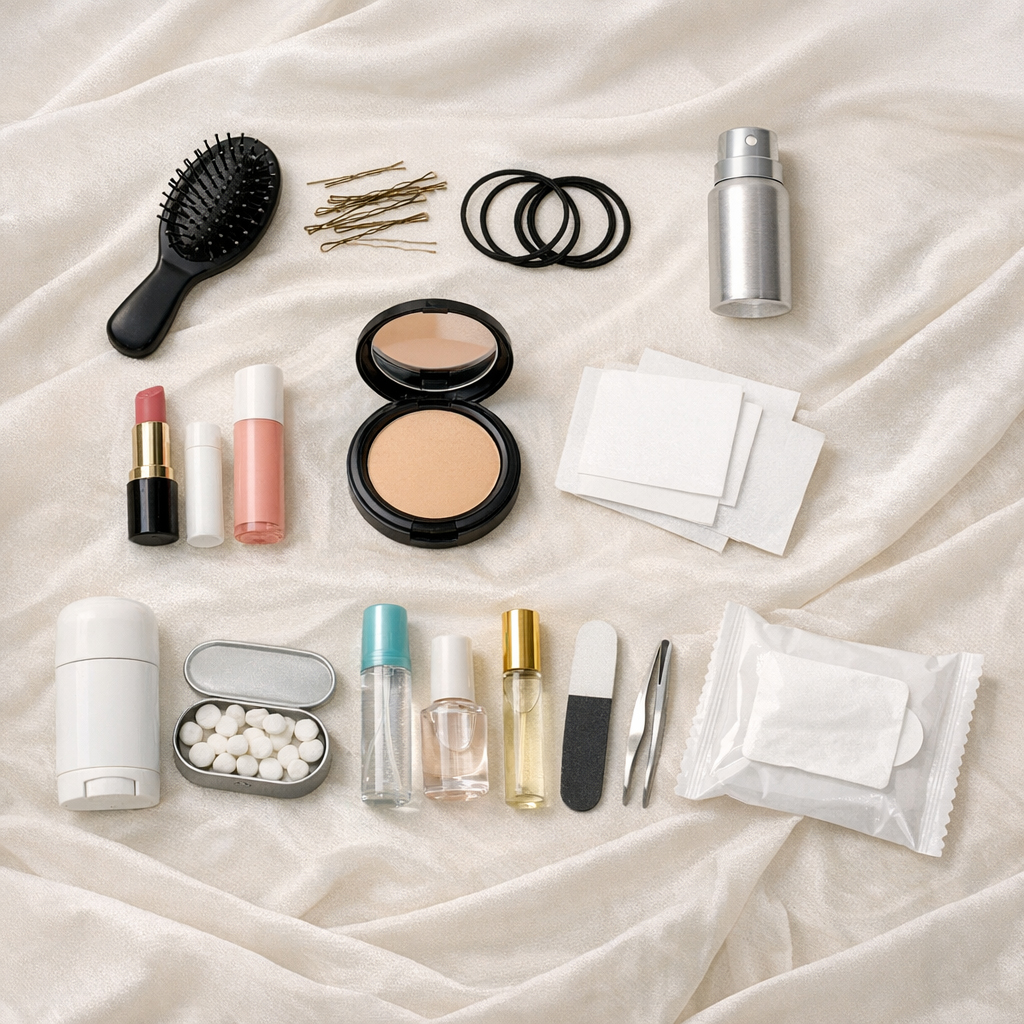 Flat lay of Wedding Day Survival kit - Make up essentials