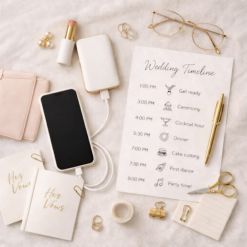 Flat lay of Wedding Day Survival kit - Vows, phone charger, Wedding timeline