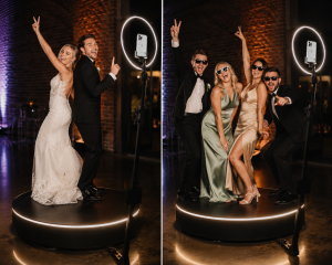 360 photo booth in Hampshire -Wedding Guests posing on the 360 booth platform
