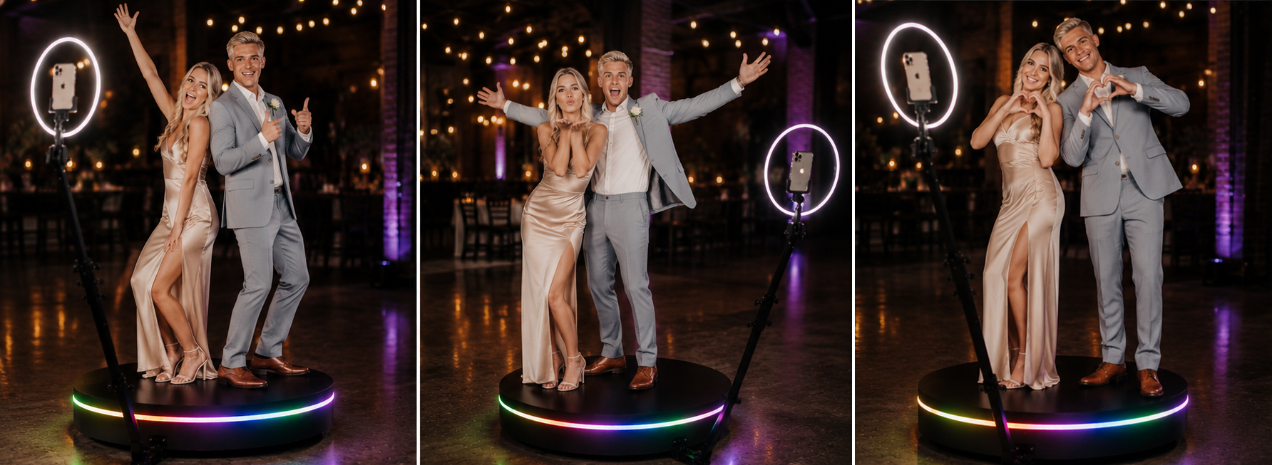 360 photo booth in Hampshire -Wedding Guests posing on the 360 booth platform