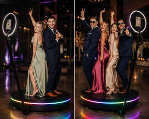 360 photo booth in Hampshire -Wedding Guests posing on the 360 booth platform