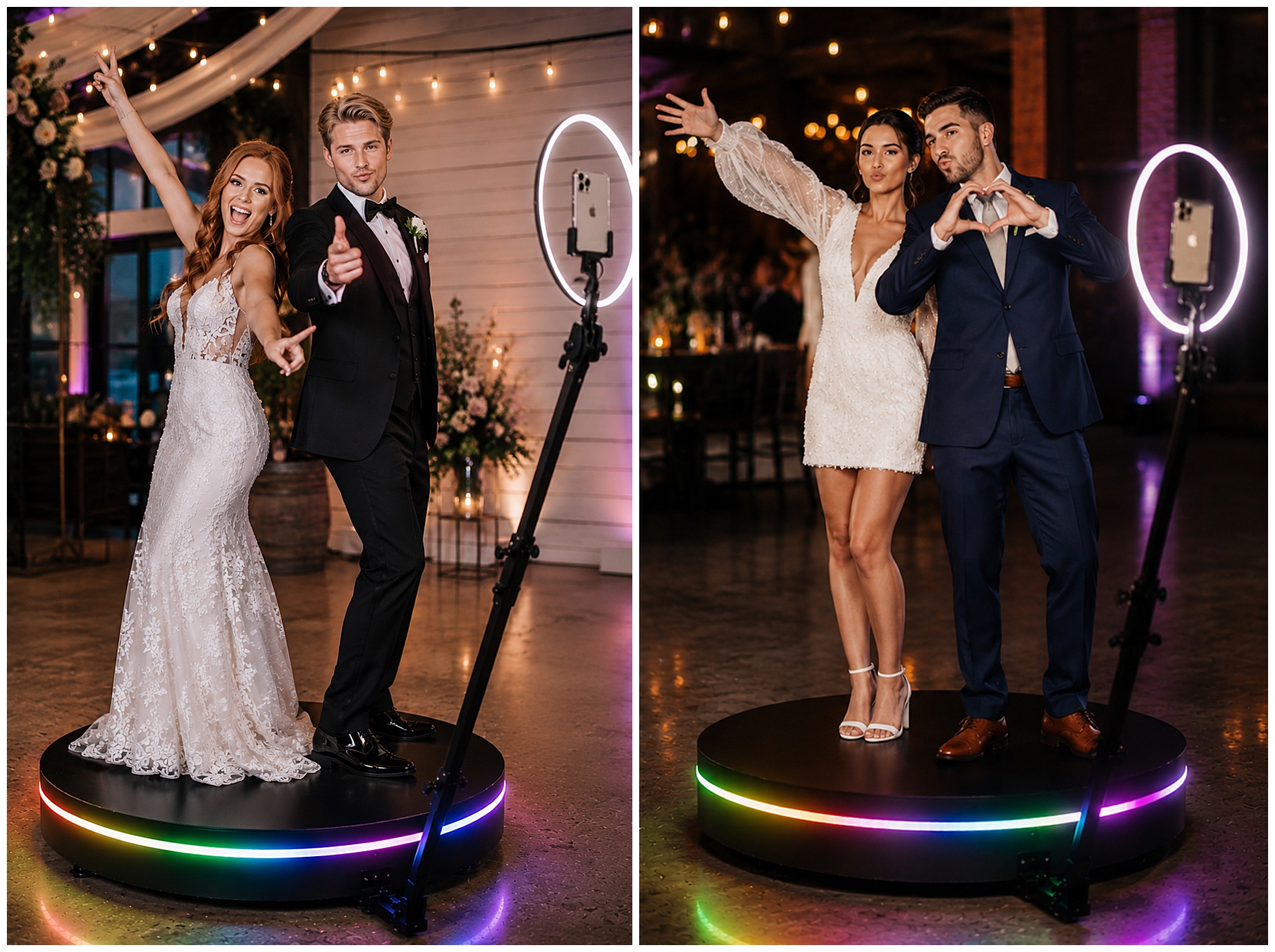 360 photo booth in Hampshire -bride and groom posing on the 360 booth platform