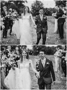 Black and White Photo of Bride & Groom walking with confetti being thrown at them | 5 Tips for Wedding Confetti