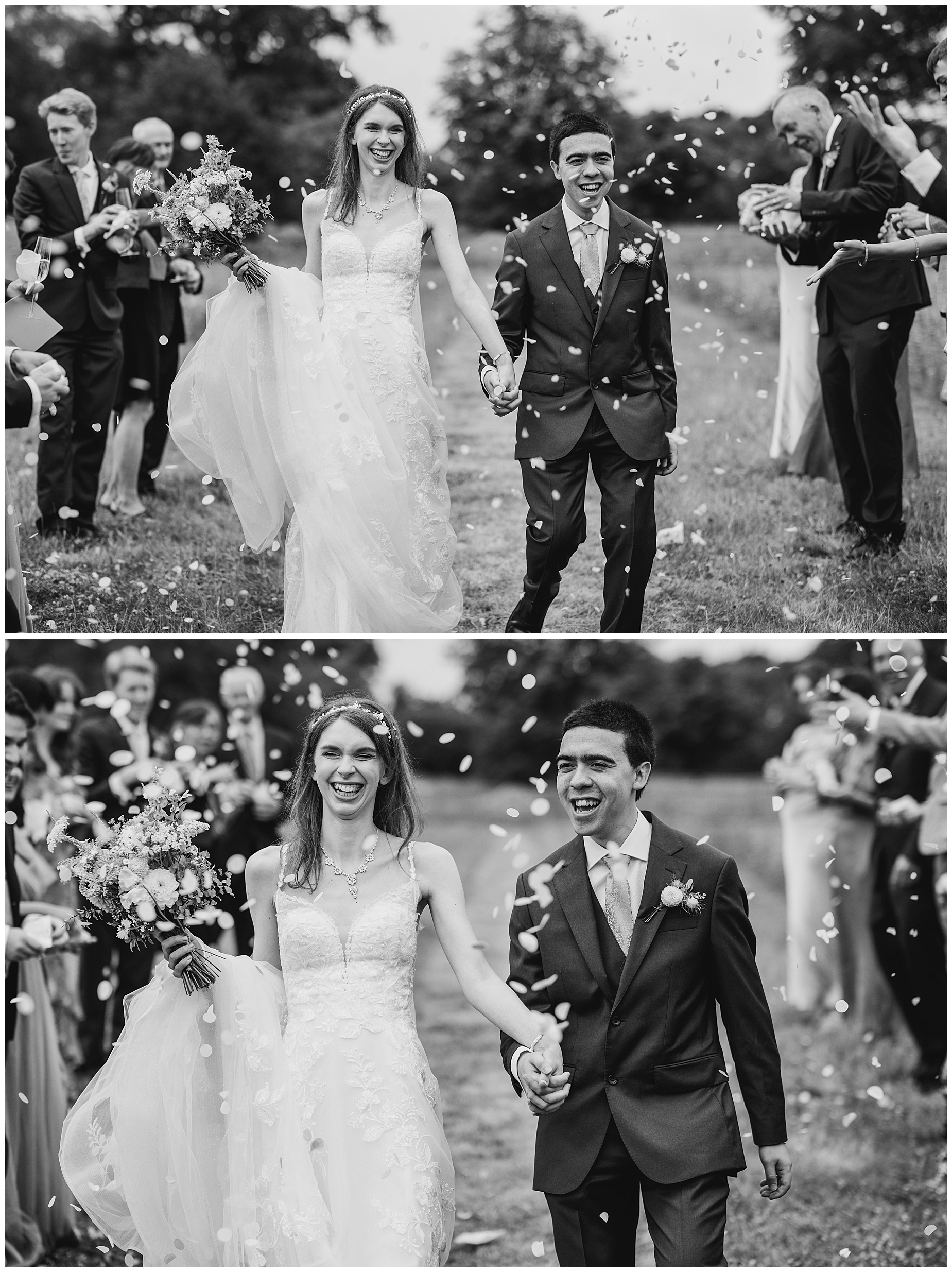 Black and White Photo of Bride & Groom walking with confetti being thrown at them | 5 Tips for Wedding Confetti