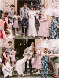 Bride & Groom walking out of Winchester Registry Office with confetti being thrown at them | 5 Tips for Wedding Confetti
