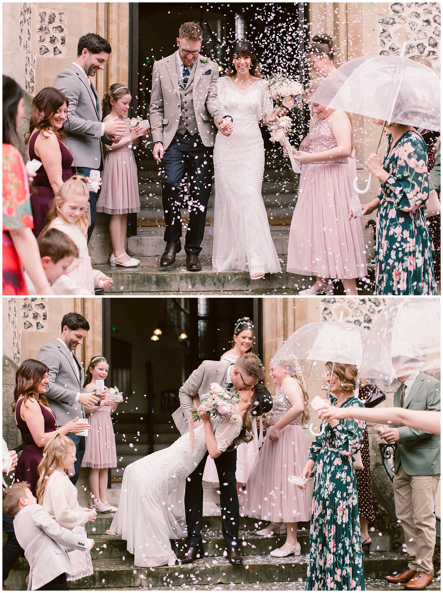 Bride & Groom walking out of Winchester Registry Office with confetti being thrown at them | 5 Tips for Wedding Confetti